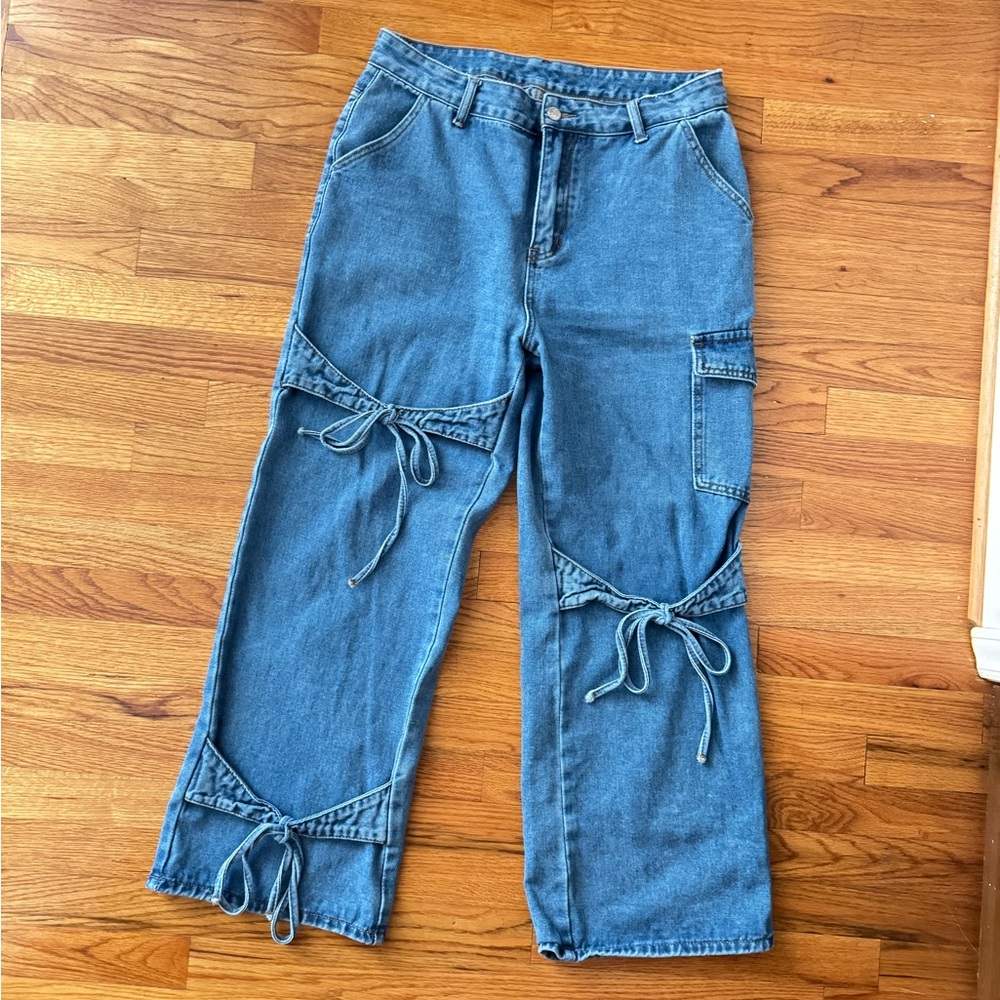 Women's Blue Flare Jeans with Bow Details